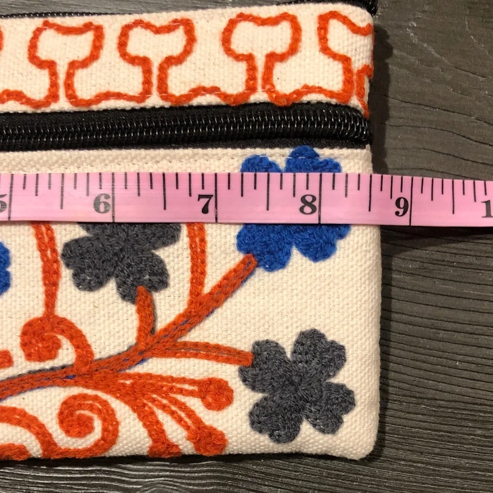 Embroidered Floral Canvas Wristlet Clutch in Cream, Blue & Orange